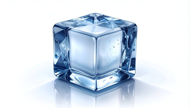 Close-up of a single ice cube on a white background.
