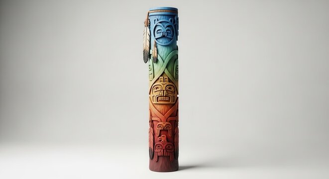 Vibrant cultural totem pole art featuring carved ancestral figures and spiritual symbols