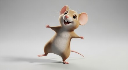 A delightful 3D rendered cartoon mouse radiating pure joy with open arms and a wide smile dancing