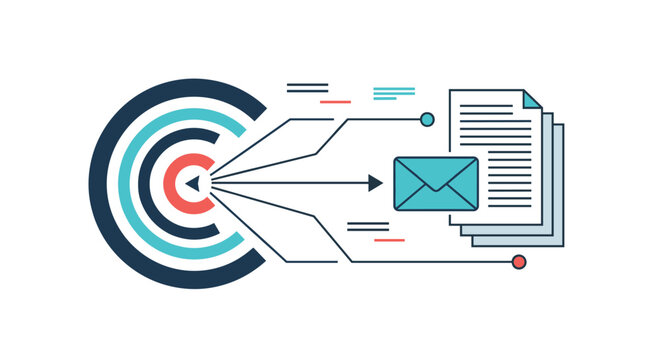 Targeted email marketing strategy showing documents and envelopes directed at a central bulls eye target for higher conversion.