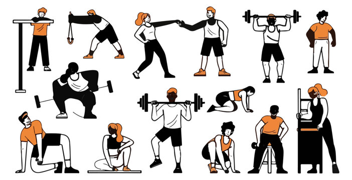 Fitness enthusiasts engaged in strength training and bodyweight exercises.