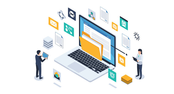 Digital asset management on a laptop with people and various media file icons floating around a central computer interface.
