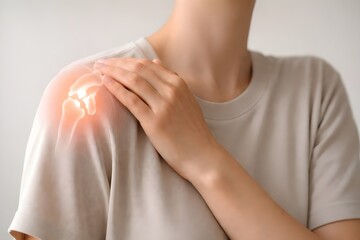 Naklejka premium Man touching painful shoulder with glowing joint inflammation icon healthcare concept 