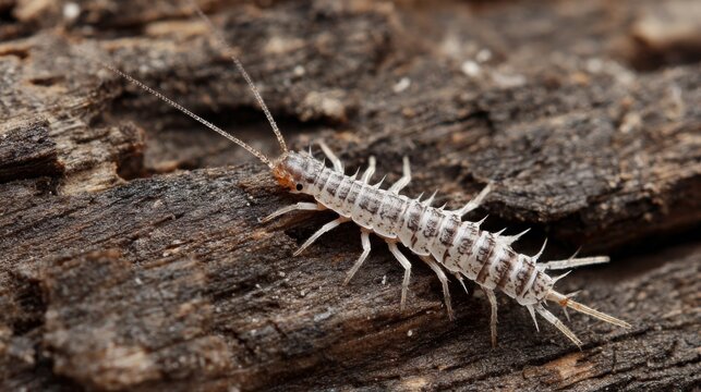 A Silverfish Insect Actively Exploring a Dark, Dusty Wooden Crevice