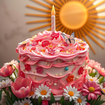 Pastel whimsical con flores comestibles y perlas