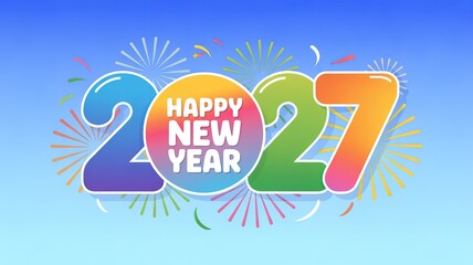 Naklejka premium Vibrant Gradient 2027 New Year Greeting with Bursting Fireworks and Confetti for Festive Cards Social Media Banners and Holiday Promotions on Soft Blue Background