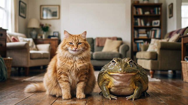 Fluffy ginger cat and large frog in cozy living room setting, funny animal, animal meme