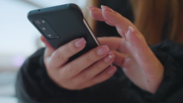 Closeup hands holding phone, woman checking messages and scrolling, manicured nails and protective case, soft bokeh background with natural window light, focus on screen interaction and gentle tapping