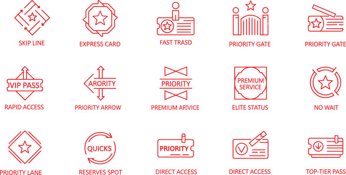 Red premium access icons set with VIP pass priority gate fast track express card elite status outline vector design