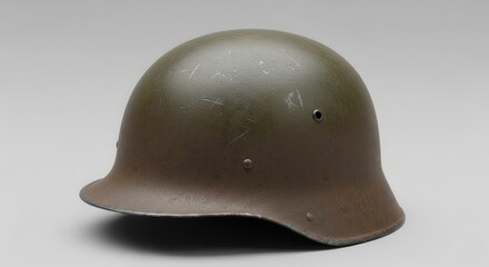 Fototapeta premium Weathered Military Helmet on a Neutral Background Highlighting Historic Defense Gear Aesthetic
