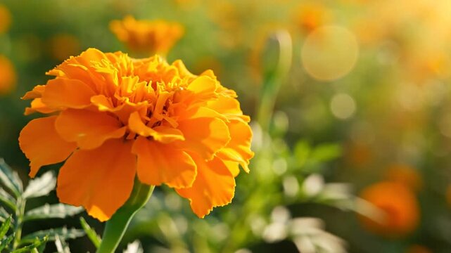 Vibrant orange marigold bloom with ruffled petals in soft natural garden blur background