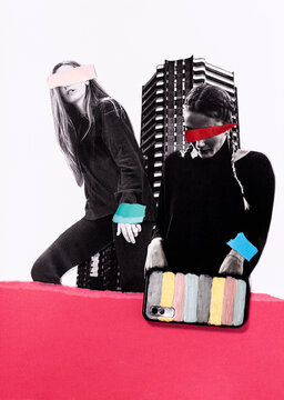Analog collage of two women scaled to be the same size as a skyscraper