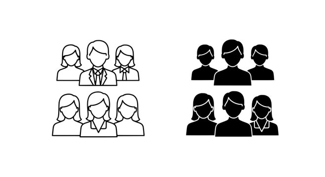 People icons set with line and solid black styles, featuring various headcounts and facial expressions