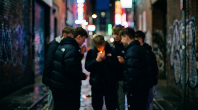 Intentionally blurred urban scene of young men gathered in a dark alley at night lighting a cigarette, depicting grit and social issues for editorial or lifestyle use.