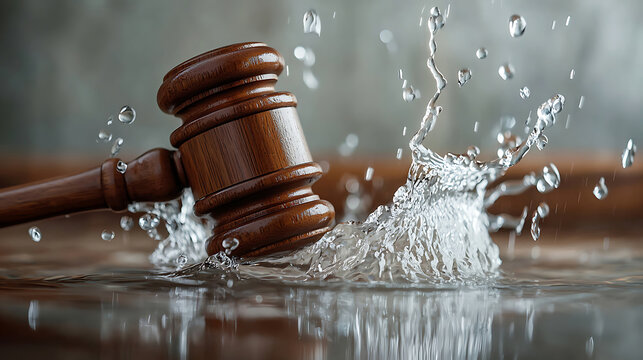 A wooden gavel splashes into water creating a dramatic scene.