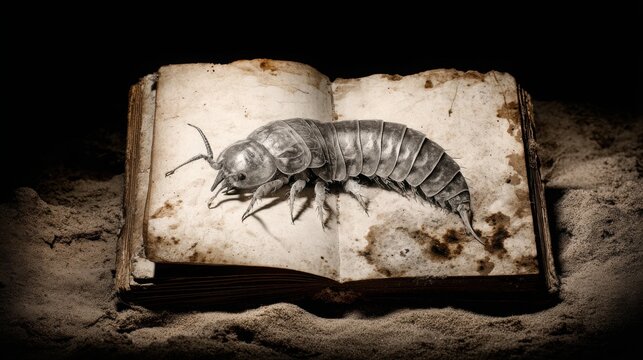 A curious woodlouse insect crawls across the aged, open pages of an ancient, dusty book, suggesting the intersection of nature and forgotten knowledge.