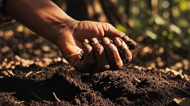 Weathered brown hand digging dark soil in warm outdoor light, showing rough skin texture and careful gardening action