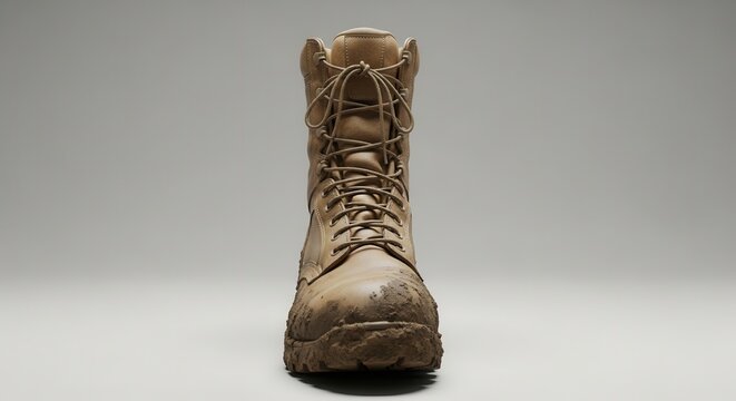 Rugged tan tactical boot showcasing its muddy, worn exterior after an arduous outdoor journey