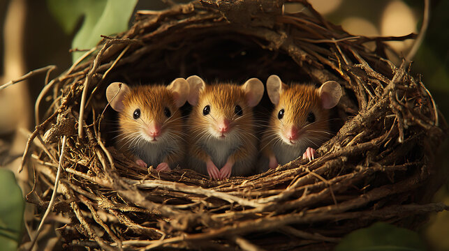 Adorable Family of Field Mice Nestled Together in a Cozy Twig Nest.