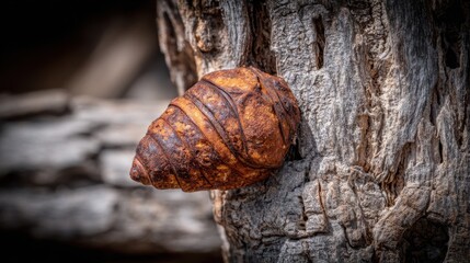 Obraz premium Rusty insect cicada shell clinging to rough tree bark texture showcasing nature's cycles