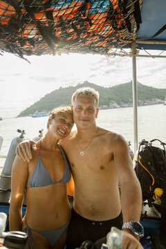 Scuba Instructor Couple on Dive Boat Koh Tao, Thailand