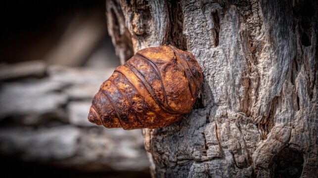 Rusty insect cicada shell clinging to rough tree bark texture showcasing nature's cycles