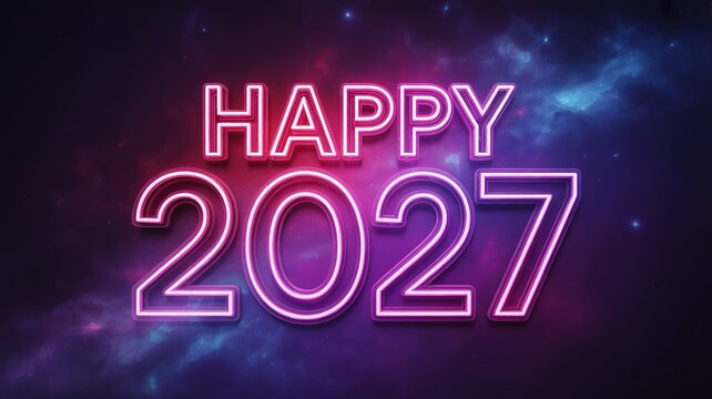 Vibrant Neon Pink Happy 2027 New Year Glowing Typography on Cosmic Dark Purple Blue Starry Background for Party Invitations Digital Greeting Cards and Event Banners