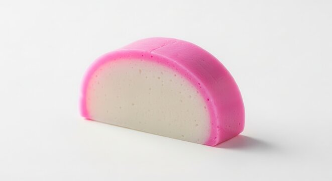Vibrant pink and white kamaboko fish cake on a clean studio background, showcasing traditional