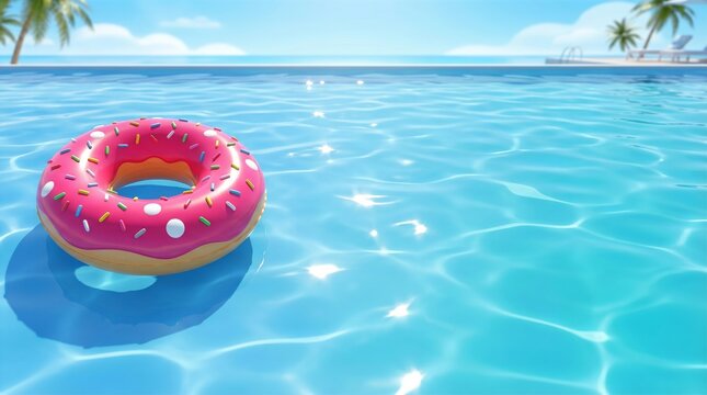 3D Pink Donut Pool Float on Blue Water Copy Space