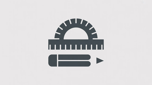 A minimalist icon design of a protractor and pencil in dark gray against a white background