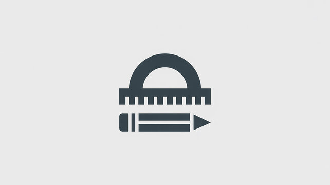 A minimalist icon design of a protractor and pencil in dark gray against a white background