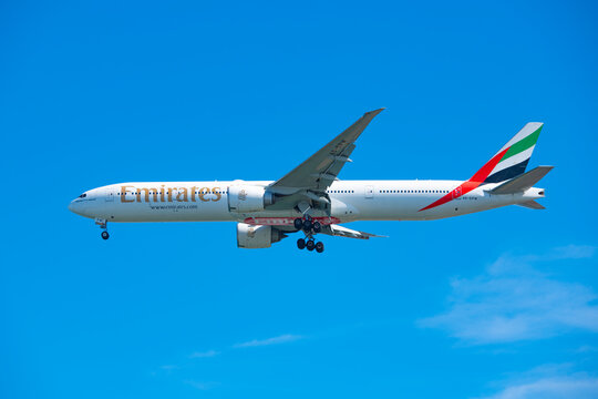 Emirates Airline Boeing 777-300ER A6-EPW landing on Boston Logan International Airport, Boston, Massachusetts MA, USA. 