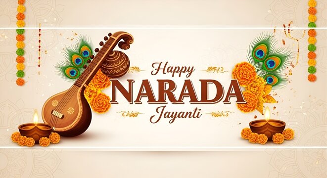 Elegant Narada Jayanti Design with Veena and Musical Notes