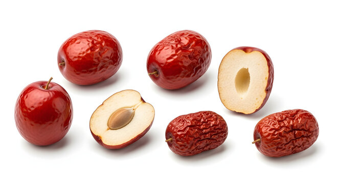 Fresh and dried jujube red dates isolated on white. Perfect for traditional medicine, health, and superfood designs