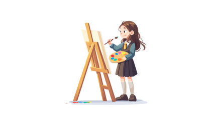 Fototapeta premium Young girl with a brush and palette painting on an easel, creating art with skill and creativity