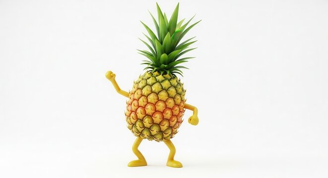 A cheerful 3D rendered pineapple character with arms and legs strikes a dynamic pose on a bright