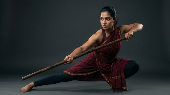 South Asian woman practicing Angampora martial arts with wooden staff