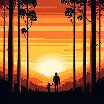 Happy father's day silhouette of father and child watching sunset in forest