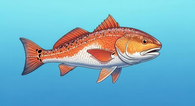 Detailed graphic illustration of a vibrant red drum fish with striking orange and white scales