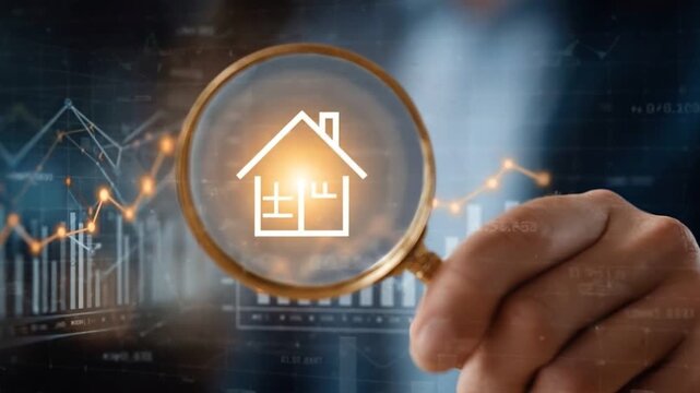 Real Estate Analysis: A close-up view of a hand holding a magnifying glass over a house icon, set against the backdrop of financial charts and graphs.