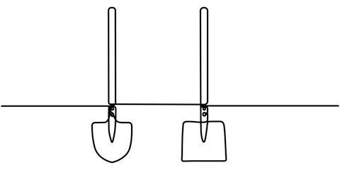 shovel continuous one line drawing,  One line drawing in a minimalist style,  One line drawing background, outline illustration.  © DROPADI