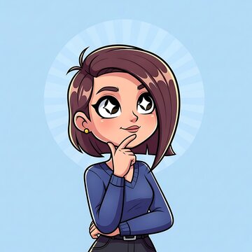 A cartoon woman in blue shirt thinks with hand on chin