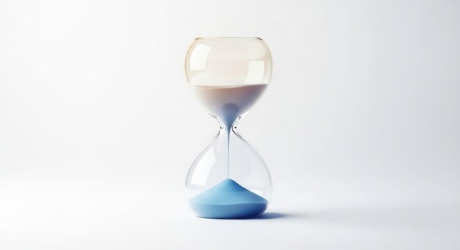Modern glass hourglass with vibrant blue sand depicting the relentless flow of moments