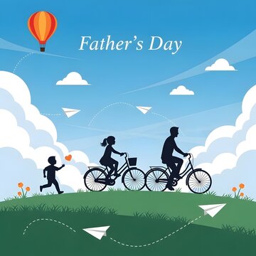 Happy father's day family biking silhouette with hot air balloon celebration image