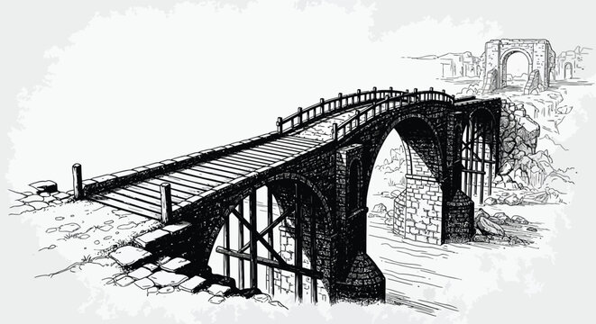 A detailed sketch depicts an old stone bridge with arches and ruins high quality professional modern