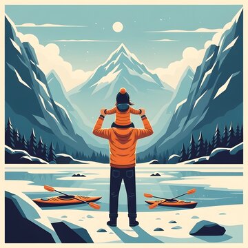 Happy father's day a loving dad carries son on shoulders in mountain landscape