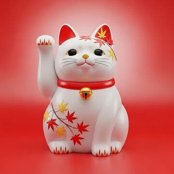 A white cat figurine with red and yellow maple leaves sits on a red surface waving its paw.