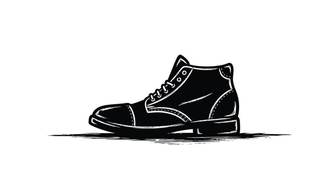 A black and white illustration of a single leather boot with laces shown