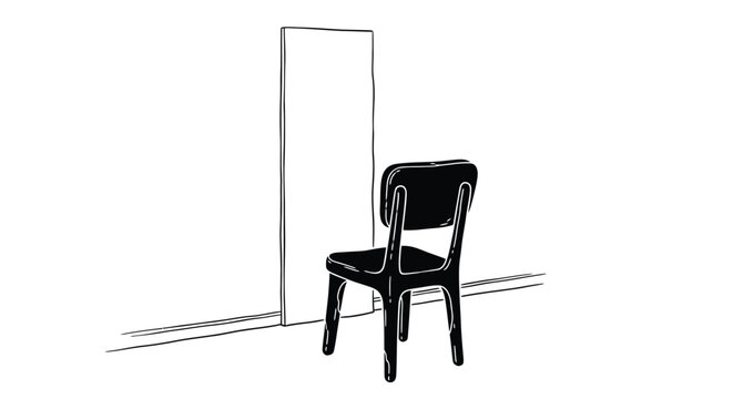A simple black and white illustration depicts a chair facing a blank doorway high quality professional