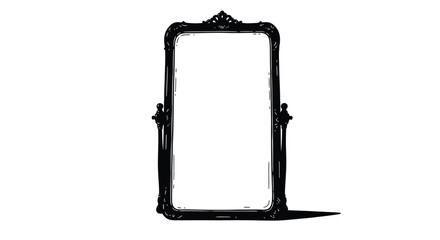 An ornate black rectangular mirror stands isolated on a stark white background high quality professional detailed © Times Graphic